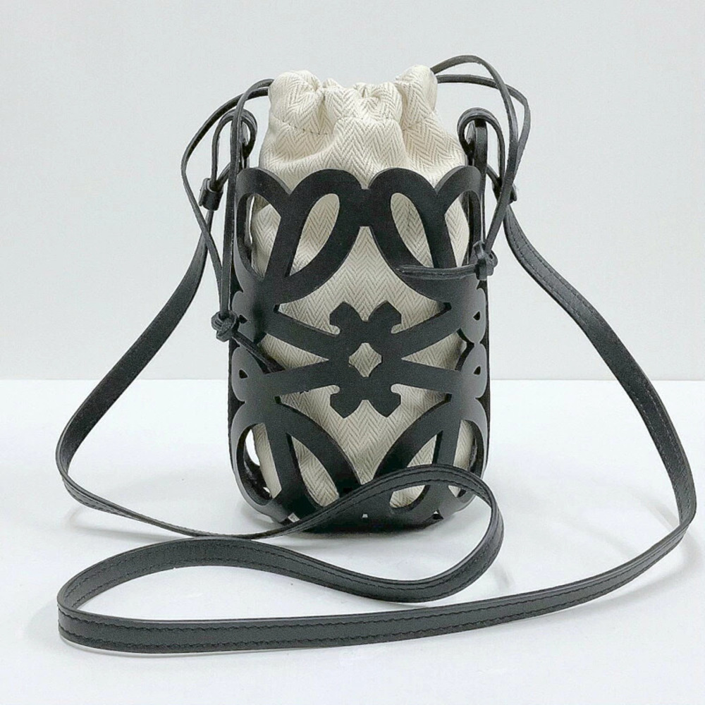 Loewe Anagram Cutout Pocket Shoulder Bag Black Leather Canvas